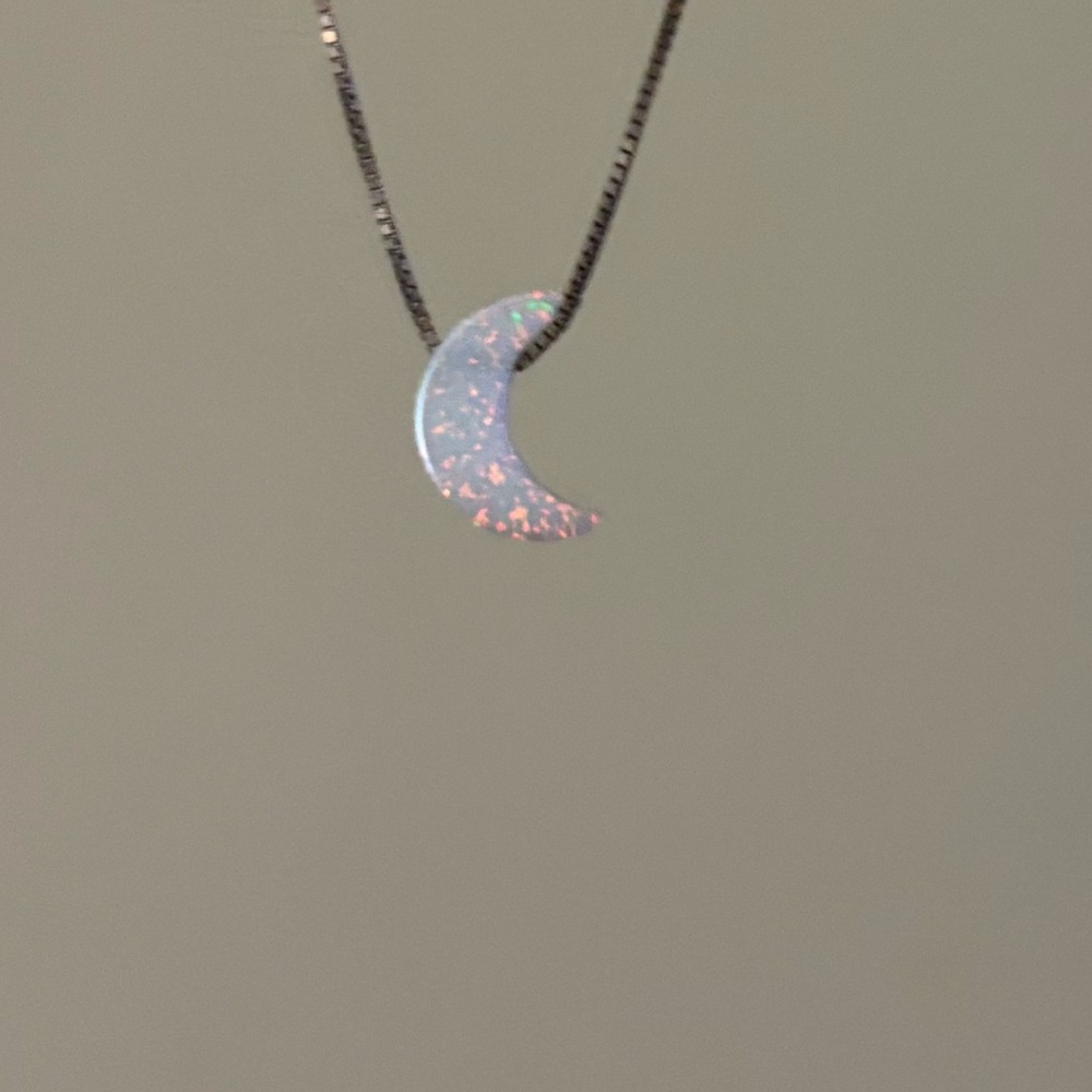 White Opal Moon Necklace Crescent Moon Choker Sterling Silver Length 16+2 Inches